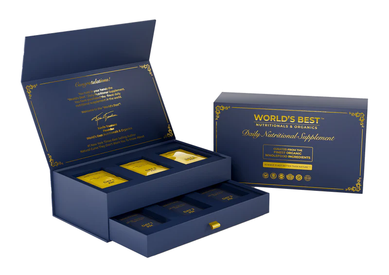 World's Best Nutritionals & Organics Daily Nutritional Supplement box, open to reveal gold-foil daily satchets